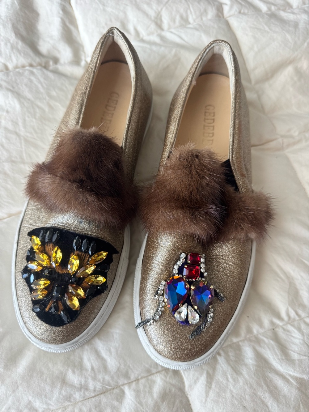 Gedebe Embellished Metallic Gold Fur Crystal Slip-On Sneakers EU 38